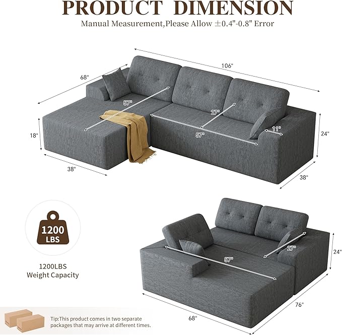 Ball & Cast 106" Cloud Sectional Couch, Compressed L-Shaped Sofa with Deep Seat Chaise, Boneless No Assembly Modular Couch, Foam & Spring Support, 2 Boxes (Right Facing, Chenille Dark Grey)