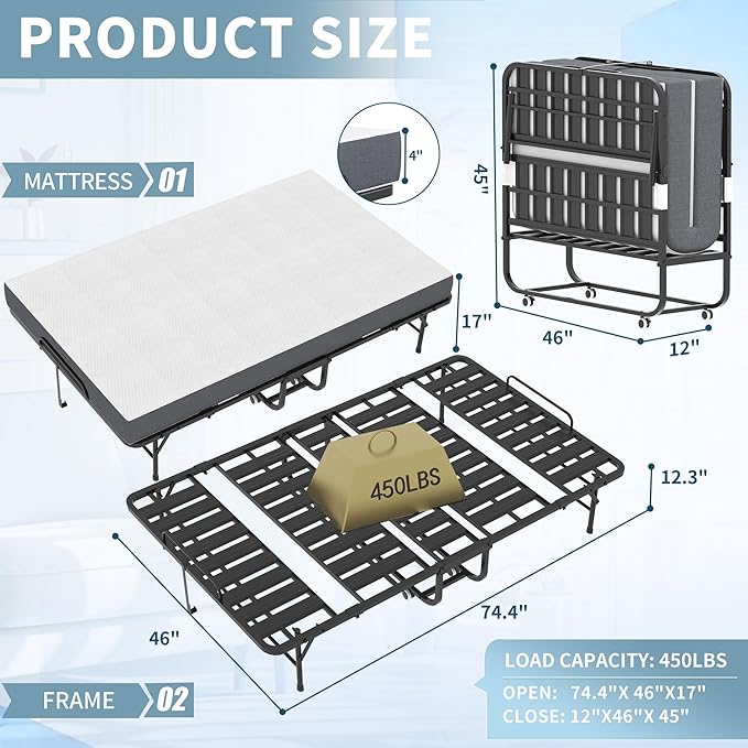 Folding Bed, 74.4"x46" Portable Beds for Adults, Heavy Duty Sturdy Metal Frame, Foldable Bed on Wheels for Twin Size, Space Saving Rollaway Bed for Guest Easy Storage