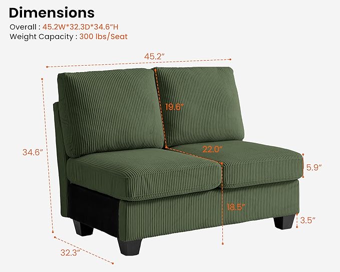 CHIC HOUSE Modular Sectional Sofa with Storage Ottomans, Corduroy Cloud Couch for Small Spaces & Apartments, Reconfigurable L/U Shaped Convertible Corner Sofa, Green, Double Seater