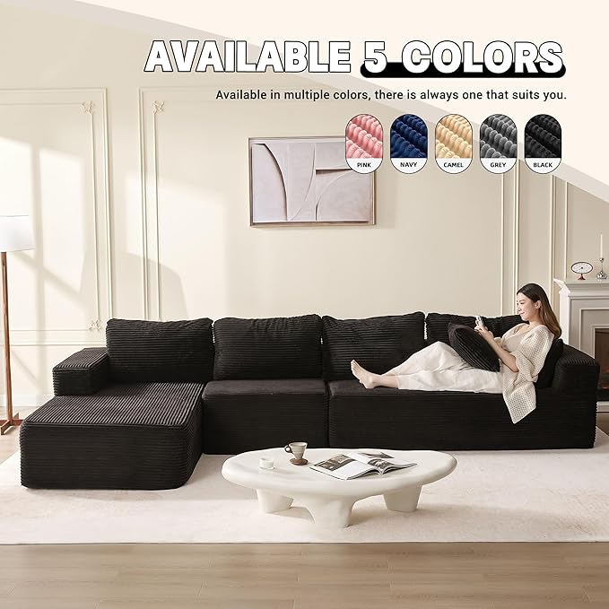 138" Boneless Couch with Deep Seat, Set of Modular Sectional Sofa, Cloud Sectional Couch for Living Room, No Assembly Required, Corduroy, 4 Seater L-Shape Left, Black