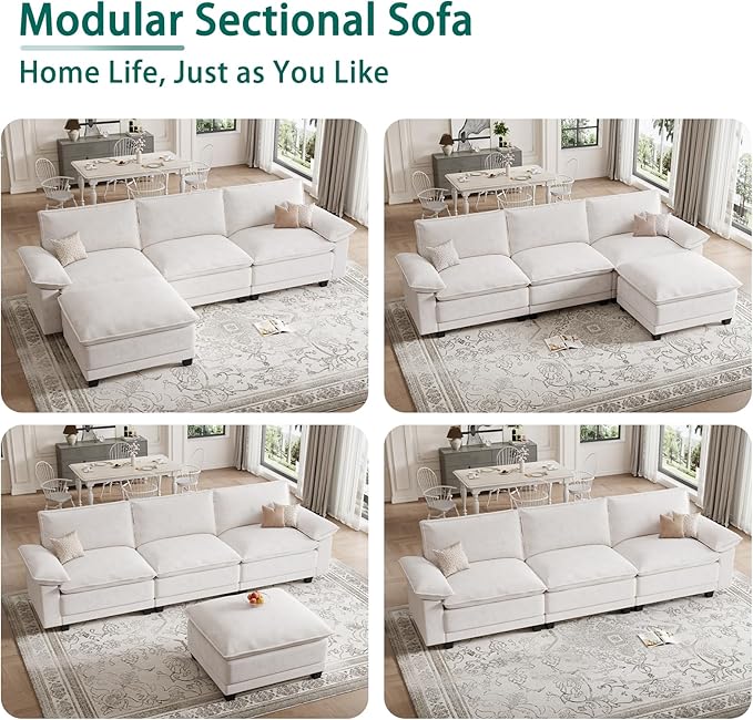 Modern L Shaped Sofa Couches for Living Room, Modular Sectional Cloud Couch with Movable Ottoman, Comfy Chenille Sofa for Apartment and Small Space, Beige