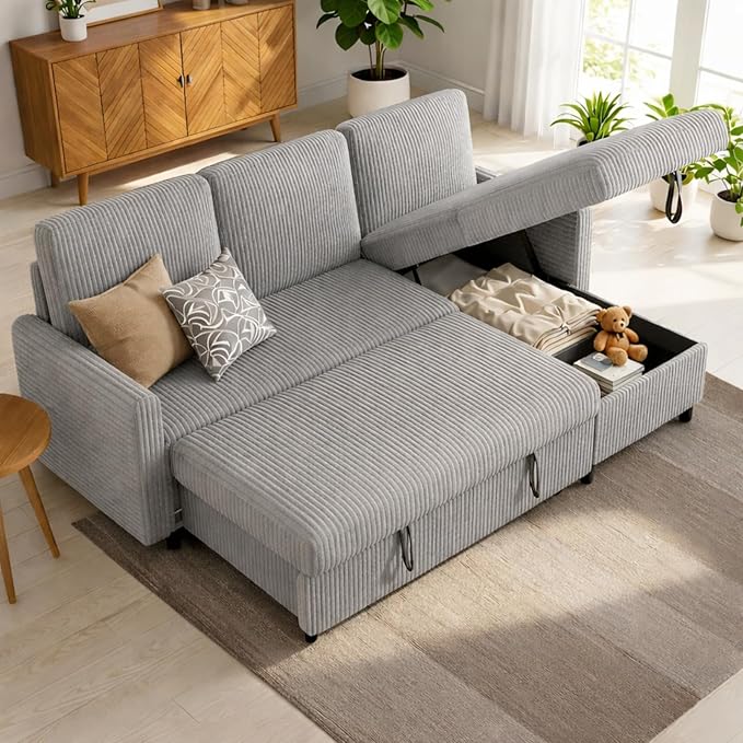 JAMFLY Pull Out Sleeper Sectional Sofa, L Shaped Corduroy Couch with Hidden Storage, Convertible Sofa Bed for Small Living Rooms and Apartments, Light Grey