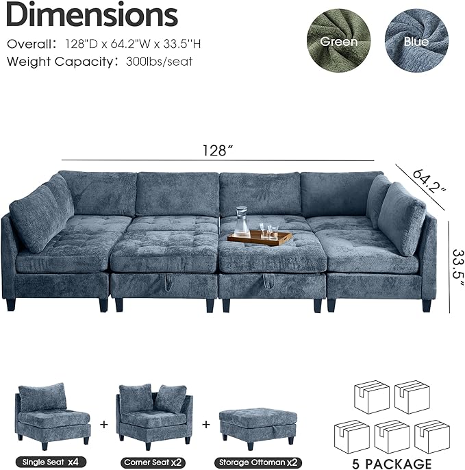 Luxe Oversized Modular Sectional Sofa, Modern Chenille Convertible Sleeper Sofa with Storage Ottoman, Comfy Deep Seat U-Shaped Cloud Couch for Living Room（Blue，6-Seater + 2 * Ottoman + Tea Tray）