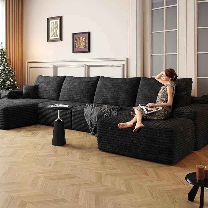 136" Sectional Couches for Living Room Cloud Couch Sofa with L-Shape Upholstered Boneless Couchs Modern Modular Sectional Couch with Chaise (Black, 136" Right Facing Chaise+3Seaters+Ottoman)