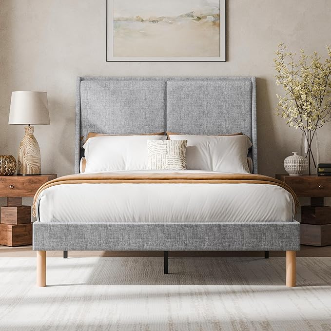 Cozy Castle Full Upholstered Platform Bed Frame with 51.2" Tall Wingback Headboard, Double Backrest Metal Bed Frame, No Box Spring Needed, Easy Assembly, Bedroom Furniture, Grey