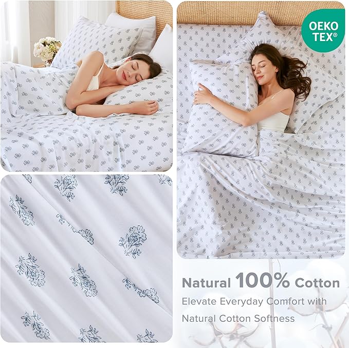 Comfort Spaces 100% Cotton Sheets Full, Breathable, Naturally Cool Cotton Sheets, Soft Cotton Bed Sheets with 14" Elastic Pocket Fits up to 16" Mattress, All Seasons Sheet Set, Floral Blue 4 Piece