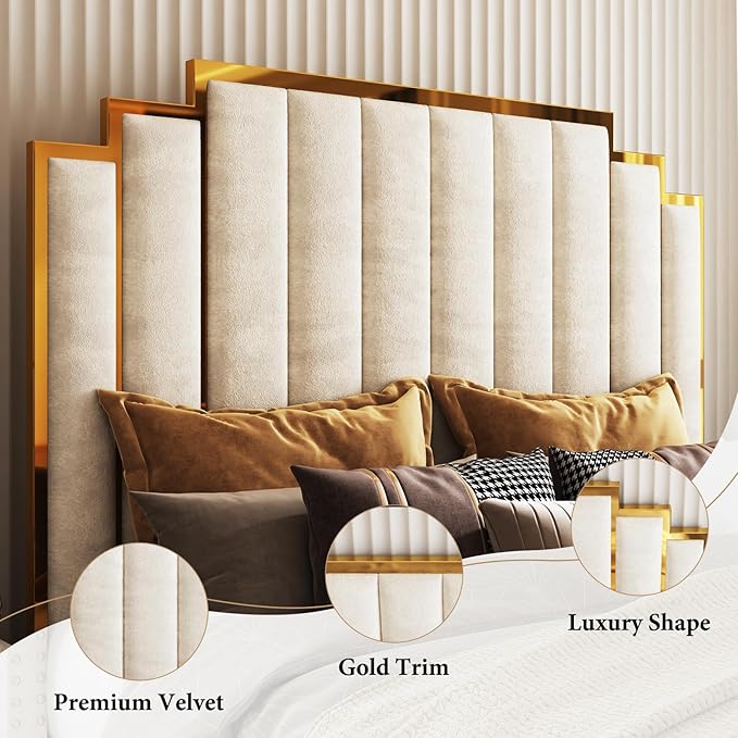 AMERLIFE California King Size Upholstered Bed, Modern Velvet Bed Frame with 65.4” Tall Gold Trim Headboard, No Box Spring Needed, Cream