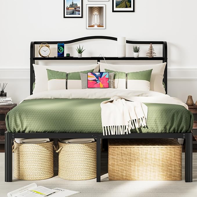 Full Size Bed Frame with Headboard Full Bed Base No Box Spring Needed 14 Inch Tall Black Metal Bed Frame with Charging Station and Large Storage Space,Heavy Duty & Anti Noisy (14 Inch, Full)