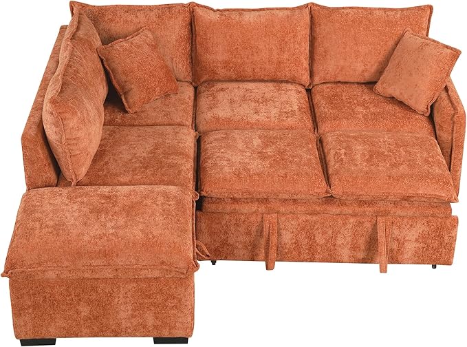 LUMISOL 82.7" Convertible Sleeper Sofa Bed with Storage Ottoman, L-Shaped Sectional Sofa with Pull Out Bed, USB Ports, Chenille Sleeper Sofa Couch with Chaise for Living Room, Orange