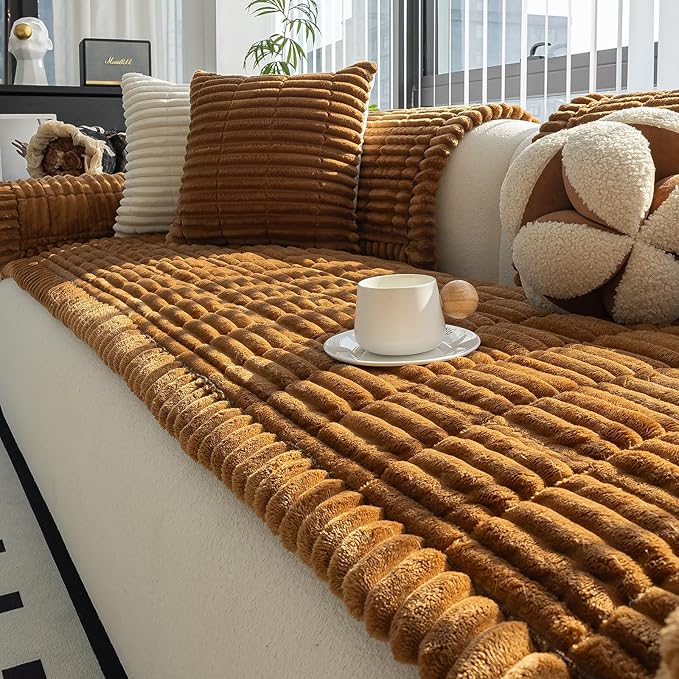 Sofa Couch Cover, Sofa Covers for Dogs Washable, Non-Slip Striped Sofa Slipcovers for Sectional Sofa, Sofa Cover Furniture Protector for L Shaped(Light Brown, 27.6"x 82.7")