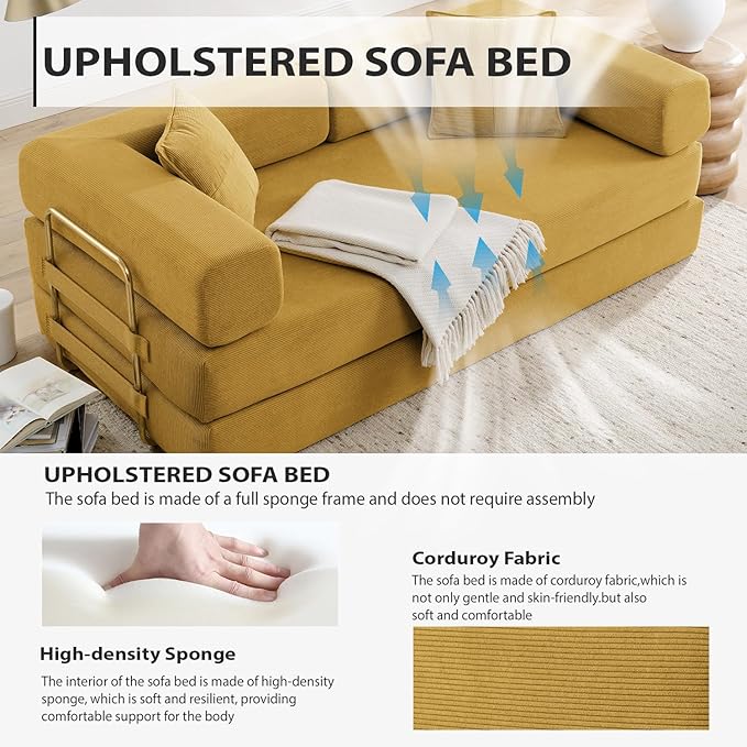HANXIN 78 Inch Convertible Sleeper Sofa Bed, Folding Floor Mattress Couch with Fixed-Shape Frame, Futon Boneless Couch Lounge Loveseat with Pull Out Bed, No Assembly Required (Yellow)
