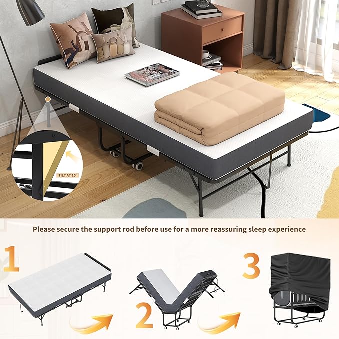AQY Folding Rollaway Bed with 5" Memory Foam Mattress, 3.15" Lift Adjustable Headboard, 75"x38", Heavy Duty Metal Frame on Wheels, Portable for Adults/Guests, Assembly Required