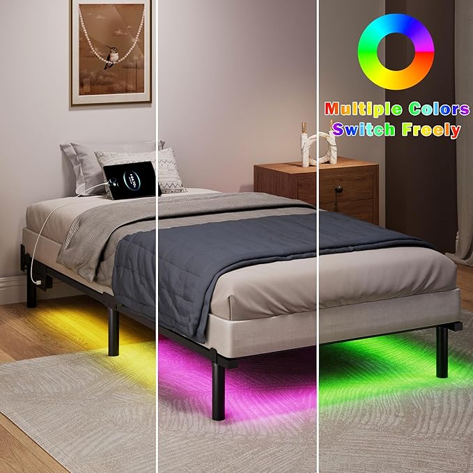 SHOANED Twin XL Size Bed Frame, 7 Inch Metal Steel Bedframe with LED & Charging Station for Box Spring and Mattress, Heavy Duty Basics Bed Base, Noise Free, Easy Assembly, Black