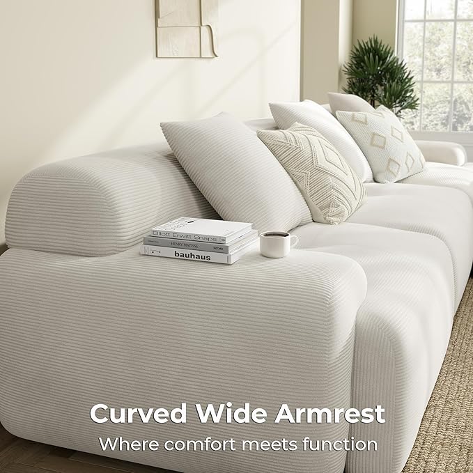 LIKIMIO LumiCord Modular Sectional Sofa with Ottoman, 118" L-Shaped Boneless Couch for Living Room, Oversized Deep Seat with Corduroy Upholstery, No Assembly Required, Beige