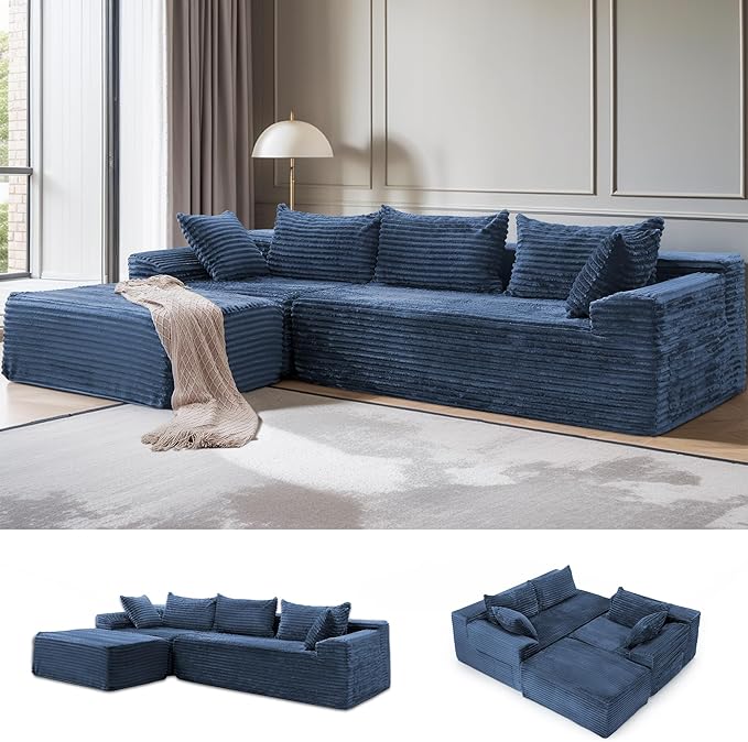 110" L-Shaped Modular Sectional Sofa with Chaise, Boneless Comfy Corduroy Fluffy Couch with Deep Seat and Side Pockets, Flexible Module Combination for Living Room, No Assembly, Side Pockets