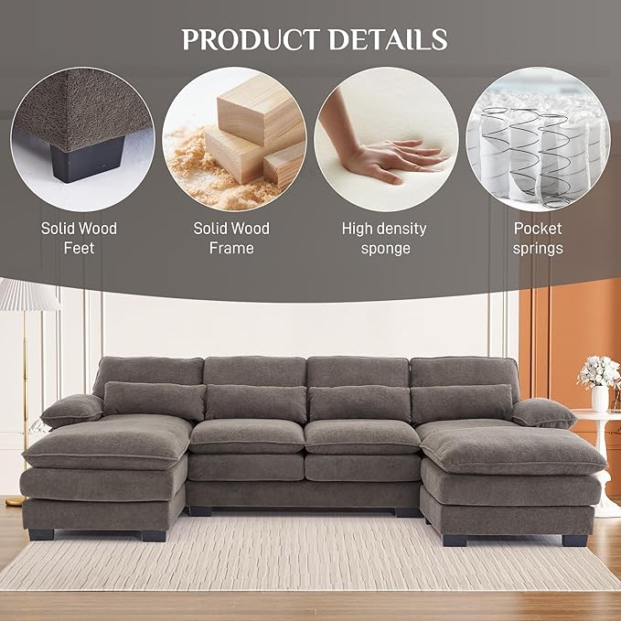 113" Cloud Couch Sectional Modular Sofa U Shaped Sectional Couches for Living Room Comfy 5-Seater Deep Seat Couch Chenille Cloud Sectional Sofa with Movable Ottoman & 4 Pillows, Stone Grey