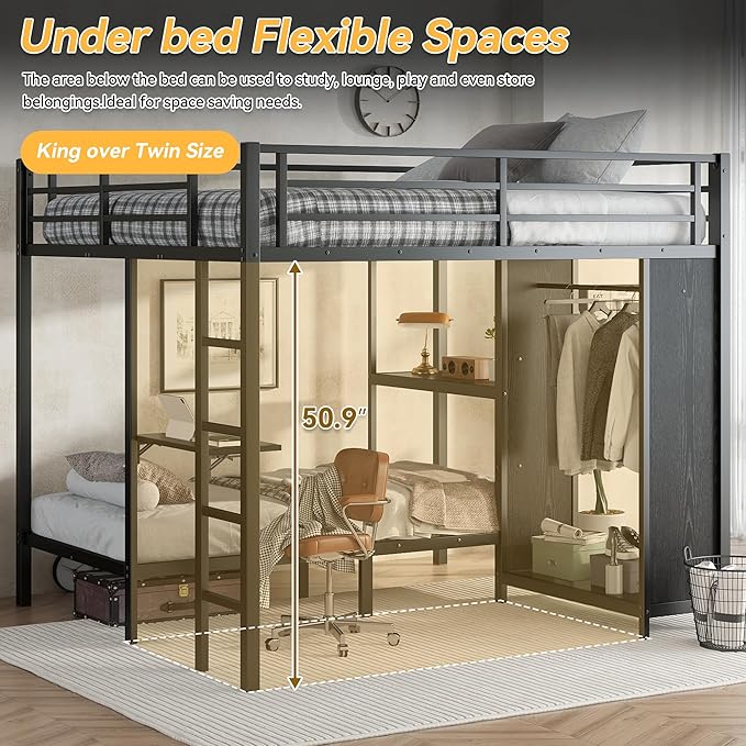 Bunk Bed Frame with Built-in Wardrobe King Over Twin XL Size, Metal Loft Bed with Foldable Desk and Storage Shelf, Black Bunk Beds King Size for Adults Teen Kids, No Box Spring Needed