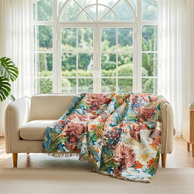 LUTBM Boho Throw Blanket for Couch Sofa Chair Cotton Spring Blankets for Bedroom Living Room All Season Soft Lightweight Reversible Botanical Floral Embroidery Decorative Throws 50"x60" Home Decor