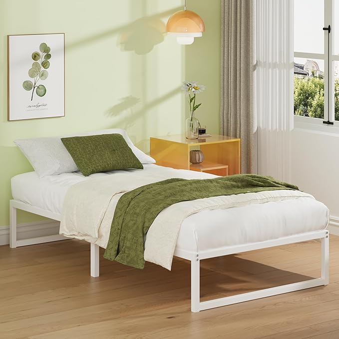 EMODA 12 Inch Twin Bed Frames, Metal Platform Bed Frame Twin No Box Spring Needed, Heavy Duty Steel Slats Support, Easy Assembly, Noise Free, White