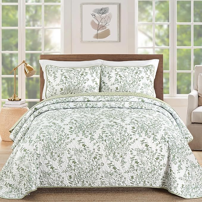 WONGS BEDDING California King Quilt Sets, Sage Green Quilt Bedding Set with 2 Pillowcases, Botanical Quilt for Cal King Bed, Soft Microfiber Lightweight Coverlet Bedspread for All Season (112"×96")