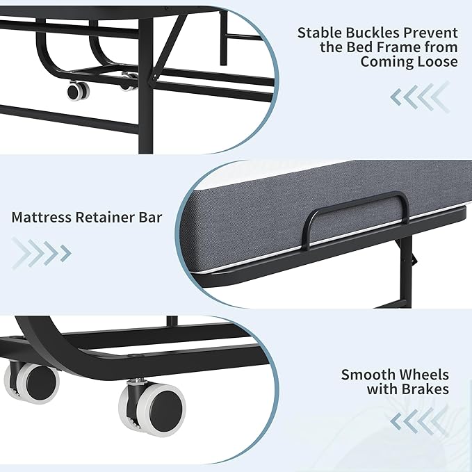 Folding Bed, 74.4"x38" Portable Beds for Adults, Heavy Duty Sturdy Metal Frame, Foldable Bed on Wheels for Twin Size, Space Saving Rollaway Bed for Guest Easy Storage