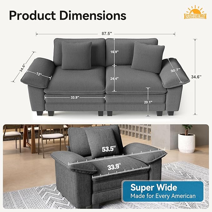 Modular Loveseat Cloud Sofa, 87.5'' Oversized Corduroy Sectional Couch with Wider Armrest and Pillow, 2 Seat Upholstered Modern Love Seat for Living Room Bedroom, Grey