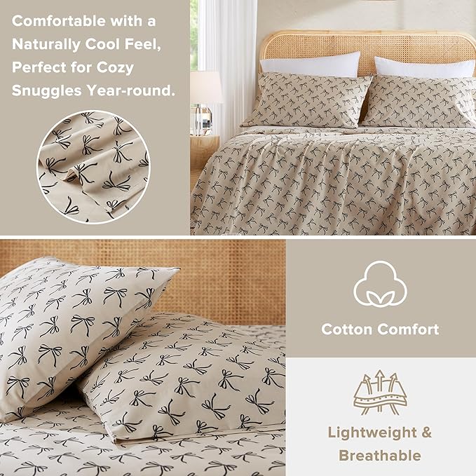 Comfort Spaces 100% Cotton Sheets King, Breathable, Naturally Cool Cotton Sheets, Soft Cotton Bed Sheets with 14" Elastic Pocket Fits up to 16" Mattress, All Seasons Sheet Set, Bow Black/Taupe 4 Piece