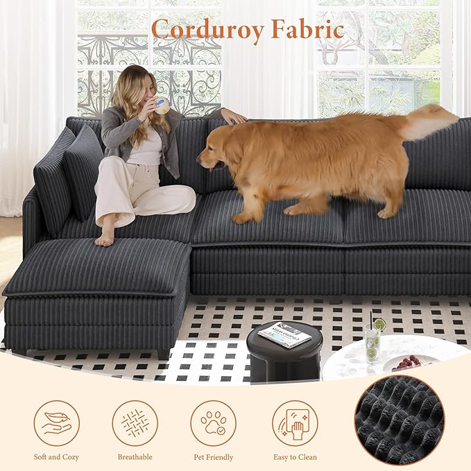 Vesgantti 143" L Shaped Modular Sectional Couch, Comfy Corduroy Upholstered Cloud Couches for Living Room, Modern 3 Seater Sofa with Movable Ottoman & Throw Pillows, Dark Grey