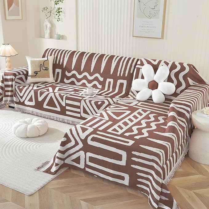 OstepDecor Boho Sectional Couch Covers 2 Pieces, L Shaped Sofa Cover, Chenille Couch Cover for Dogs Washable, Couch Cover Blanket, Sofa Slipcover for 2-3 Cushion Couch (71"x118"+91"x134", Coffee)