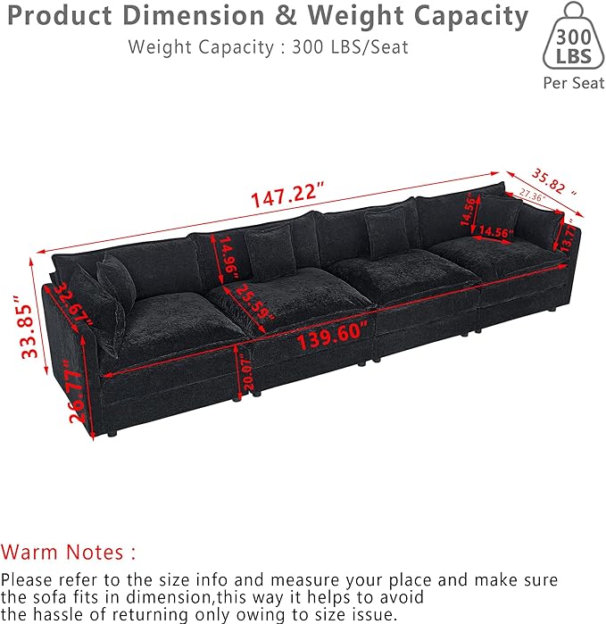 Setawix Chenille Cloud Couches for Living Room,4 Seater Cloud Sofa Couch with Deep Seat,147.22" Roomy Cloud Sofas,Modular Sectional 4 Seat Sofa with Pillows for Bedroom (Black, 4 Seater)