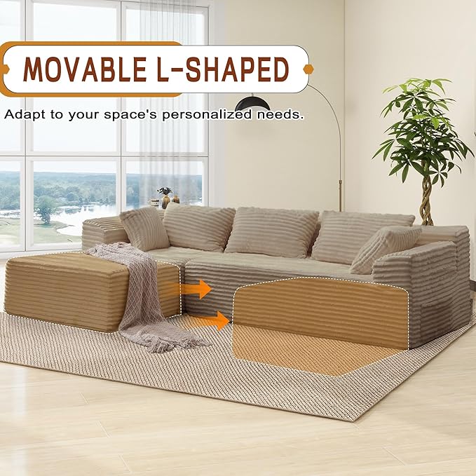 110" L-Shaped Modular Sectional Sofa with Chaise, Boneless Comfy Corduroy Fluffy Couch with Deep Seat and Side Pockets, Flexible Module Combination for Living Room, No Assembly, Side Pockets
