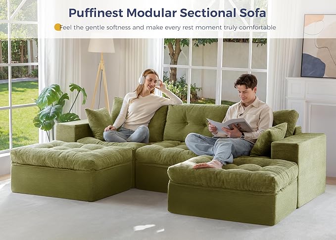 MAXYOYO 104" U Shaped Modular Sectional Sofa with 2 Ottomans, Cloud Boneless Couch with Layered Cushion, Flexible Module Combination Sofa for Living Room, No Assembly Required, Green