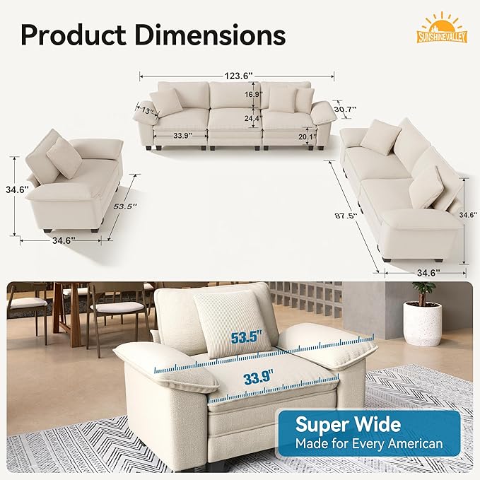 3 Piece Living Room Sofa Furniture Set, Chenille Modular Loveseat, Cloud Chair, and 3-Seat Couch with Pillow, Oversized 6-Seat Modern Sectional Deep Sofa for Apartment, Beige