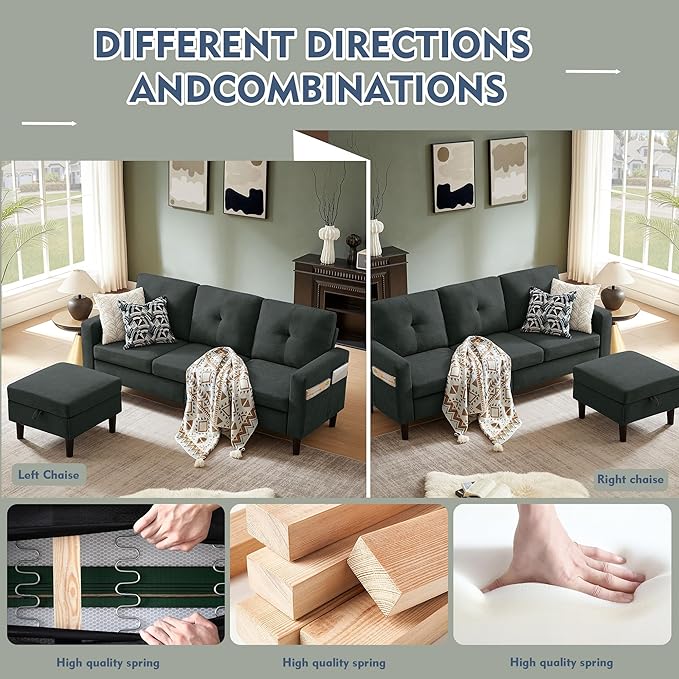 79" Convertible Sectional Sofa, Small L Shaped 3 Seat Couch with Storage Chaise and Side Pocket, Modern Linen Fabric Reversible Sofa Couches for Living Room, Apartment and Small Space