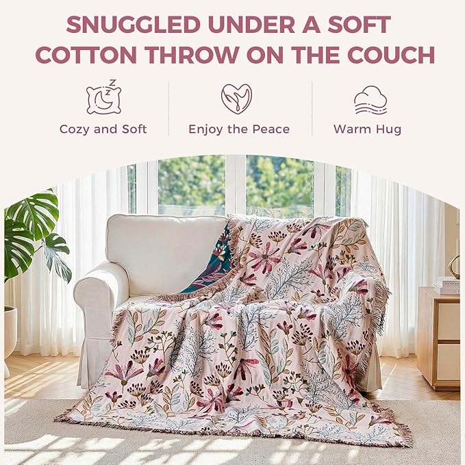 LUTBM Boho Throw Blanket for Couch Sofa Chair Cotton Spring Blankets for Bedroom Living Room All Season Lightweight Reversible Floral Embroidery Throws 50"x60"