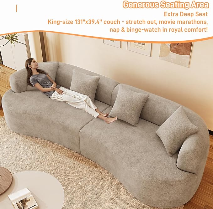 131" Curved Modular Sectional Sofa for Living Room, Modern Chenille Oversized Cloud Couch Sofa, Luxury Plush Extra Deep 4-Seater Boucle Couch for Apartment‌‌, No Assembly Required, Light Brown