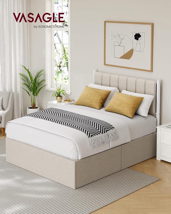 VASAGLE Lift Up Storage Bed Frame Full Size, Hydraulic Platform Bed, with Upholstered Headboard, 1100 lb Weight Capacity, No Box Spring Needed, Easy Assembly, Modern, Cappuccino Beige URMB602W01V1
