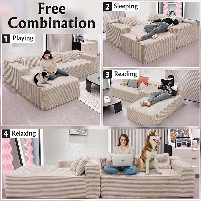 Boneless Modular Sectional Sofa, Cloud Couch with Left Facing Chaise, Oversized Deep Seat, L-Shaped, Soft Corduroy Fabric, Sectional Couch for Living Room -White