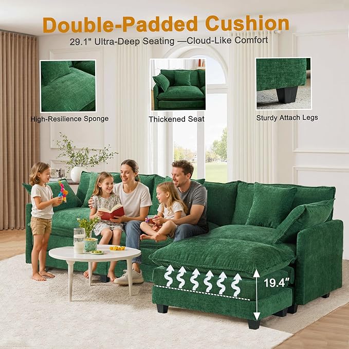 111.4" L-Shaped Cloud Chenille Sofa Sectional Couch with Reversible Chaise, Flexible 3+1 Layout for Large Spaces, Deep Seat and Free Pillows Included