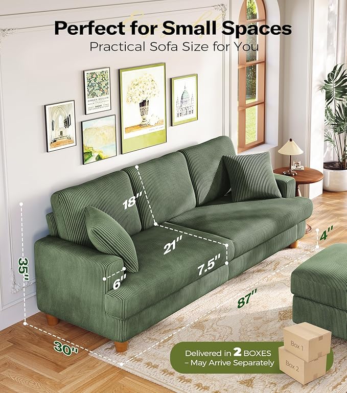 Kidirect 87in L Shaped Couch, Modular Sofa No Tool Assembly, Comfy Sectional Couches for Living Room 21in Deeper Seats, Corduroy Sofas for Living Room with 2 Pillows, Loveseat Sofa Set, Green Couch | Comfy Corduroy, Oversized 87in Couch, 850LB Tough, T...