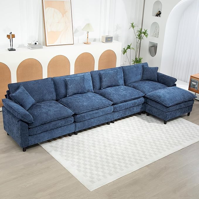 Oversized Modular Sectional Sofa, 146.5 Inch L Shaped Cloud Couch Set, 4-Seat Comfy Convertible Sofa with 1 Movable Ottoman, DIY Combination Sleeper Couch for Living Room(Chenille, Blue)