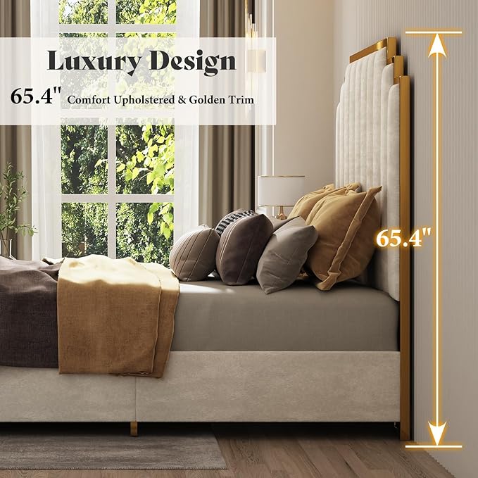 AMERLIFE California King Size Upholstered Bed, Modern Velvet Bed Frame with 65.4” Tall Gold Trim Headboard, No Box Spring Needed, Cream