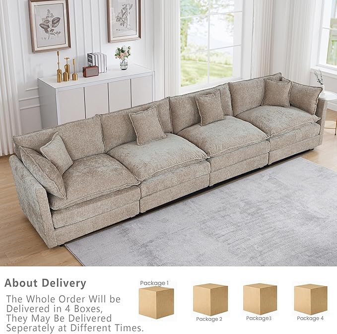 Setawix Chenille Cloud Couches for Living Room,4 Seater Cloud Sofa Couch with Deep Seat,147.22" Roomy Cloud Sofas,Modular Sectional 4 Seat Sofa with Pillows for Bedroom (Coffee, 4 Seater)