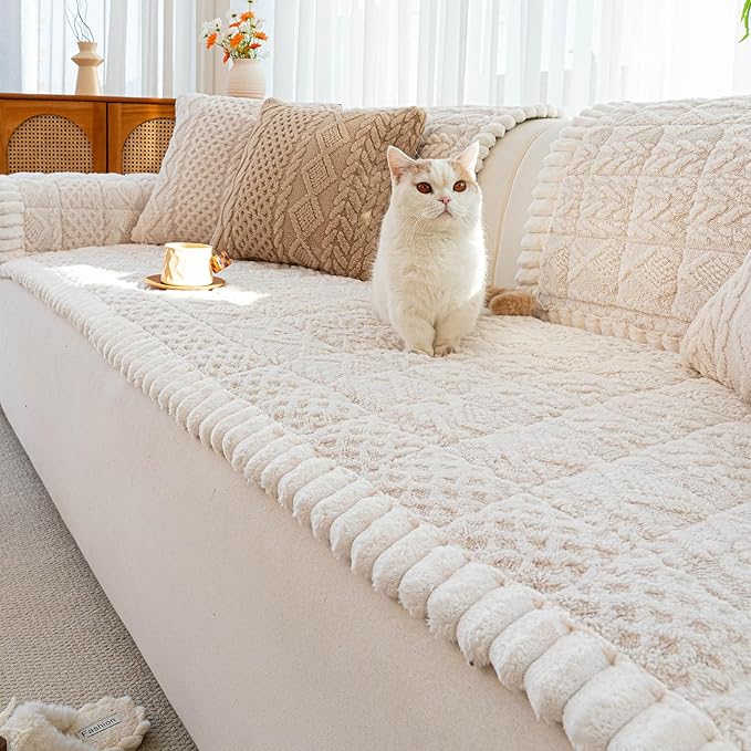Sofa Pad, Plush Couch Cover Washable for Pet, Non-Slip Warm Couchs Cover, Funny Fuzzy Pet Couch Covers for Sofa, Sofa Slipcovers Furniture Covers for L Shaped(Beige White, 27.6"x 59")