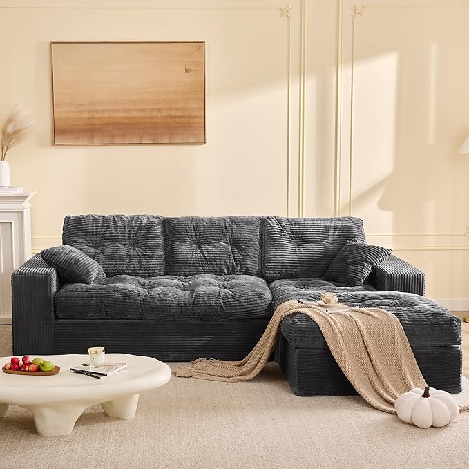 Modular Sectional Sofa, 102” L-Shaped Corduroy Couch with Ottoman, Deep Seat Comfy Sectional for Living Room, Set of Soft Upholstered Cloud Couch for Apartment, Gray