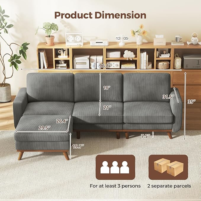 Vesgantti L-Shaped Modern Sofa, Modular Sectional Cloud Couch with Ottoman, Comfy Corduroy Deep Seat Sofa for Living Room, Bedroom and Apartment, Dark Gray