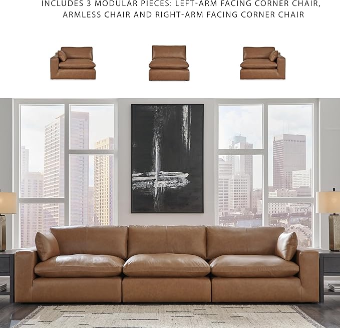 Signature Design by Ashley Emilia Modern Leather Match 3-Piece Sectional Sofa with Loose Back Cushions and 2 Bolster Pillows, Light Brown