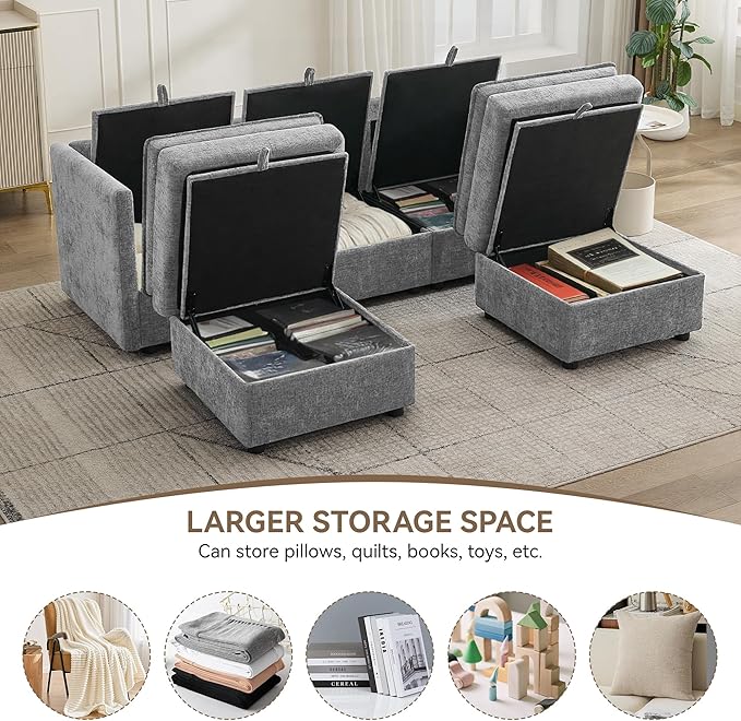80" Cloud Modular 3 Seater Sofa with 2 Storage Ottoman, Modern Storage Sofa Couch Deep Seat, U Shape Sectional Sofa Chenille Comfy Couch with Armrests for Living Room, Small Space, Light Grey | Modular Sofa, Storage Ottoman, Upholstered Sofa, Sectional...