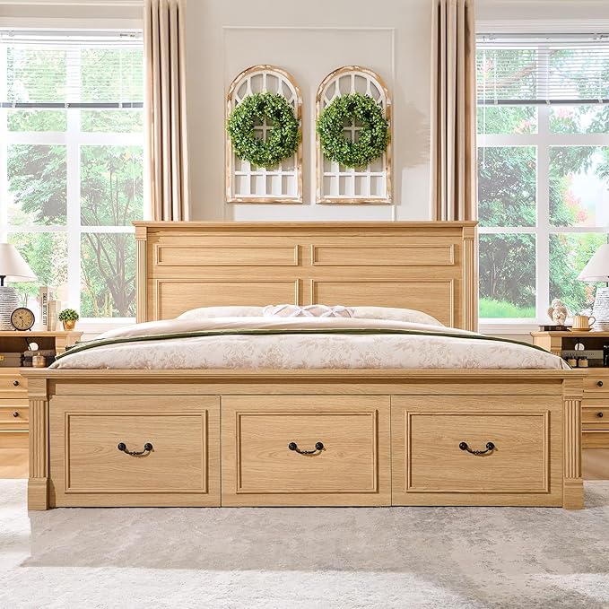 Aitjunz Farmhouse King Size Bed Frame with 51" Tall Headboard, Wood Platform Bed Frame with 20" Tall Roman Column Decoration Footboard & 3 Large Storage Drawers, No Box Spring Needed (Natrual)