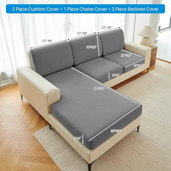 Deep Dream Sectional Couch Covers 6 Pieces, Stretch Couch Cushion Covers, L Shaped Washable Sofa Covers for Left/Right Sectional Sofa (3 Backrest Cover + 2 Seater + 1 Chaise, Dark Grey)